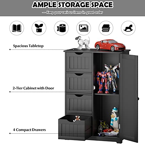 Tangkula Bathroom Floor Cabinet, Freestanding Storage Cabinet with 4 Drawers & Single Door, Adjustable Shelf, Multipurpose Bathroom Storage for Home Office, 22 x 12 x 32 Inches (Black) - WoodArtSupply