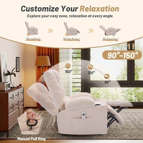 Rocker Recliner Chair with Massage and Heat, Nursery Rocking Chairs for Living Room, Recliner Chair for Adults, Ergonomic Comfy Relining Chair with Cup Holders, USB Charge Port, Side Pockets, Beige