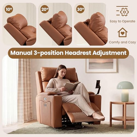 PU Leather Power Swivel Glider Recliner w/ Adjustable Headrest & Lumbar, Electric Nursery Rocking Chairs with Side Storage Space, USB Port, Phone Stand, Stry Table, Cup Holder for Nursery & Home,Brown FiveWillowise