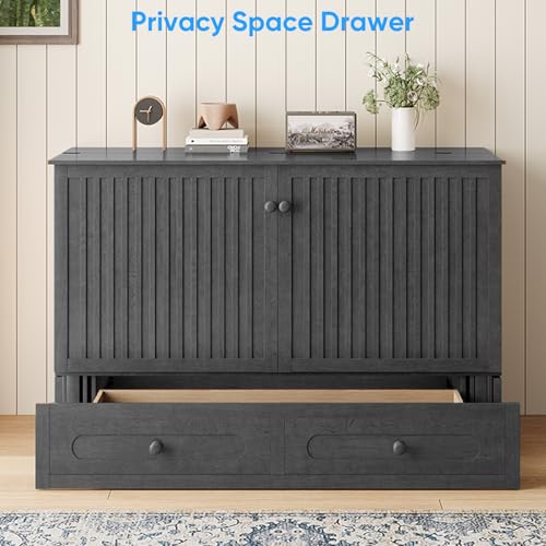 PUREMIND Murphy Bed Queen with Mattress Included - Solid Wood - Hideaway Cabinet Bed with Storage Drawers, USB Charging Ports - Space Saving Wallbed for Home, Guest Room, Gray PUREMIND