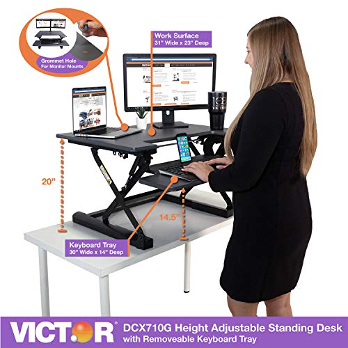 Victor DCX710G High Rise Collection Height Adjustable Standing Desk with Keyboard Tray (Gray) - Sturdy Steel Frame, Dual Lever Release System, 2 Tiered Wooden Work Surface and Keyboard Tray, 31 Inches Victor