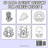 Stress Relief: Bold and Easy Coloring Book for Adults Featuring 60 Large Print Simple Designs, Including Flowers, Landscapes, Food and Snacks, Drinks, ... (Bold and Easy Coloring Books for Adults) WoodArtSupply