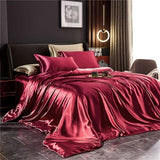NEHXMA Bedding,Queen King Bed Set,Bedding Four-Piece Solid Silk Bedding Set with Duvet Cover Bed Sheet Pillowcases Luxury Satin Single Double Bedsheet King Queen(Wine Red,Full Size 3pcs) NEHXMA