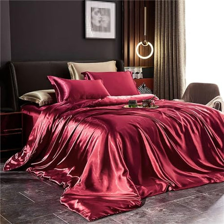NEHXMA Bedding,Queen King Bed Set,Bedding Four-Piece Solid Silk Bedding Set with Duvet Cover Bed Sheet Pillowcases Luxury Satin Single Double Bedsheet King Queen(Wine Red,Full Size 3pcs) NEHXMA