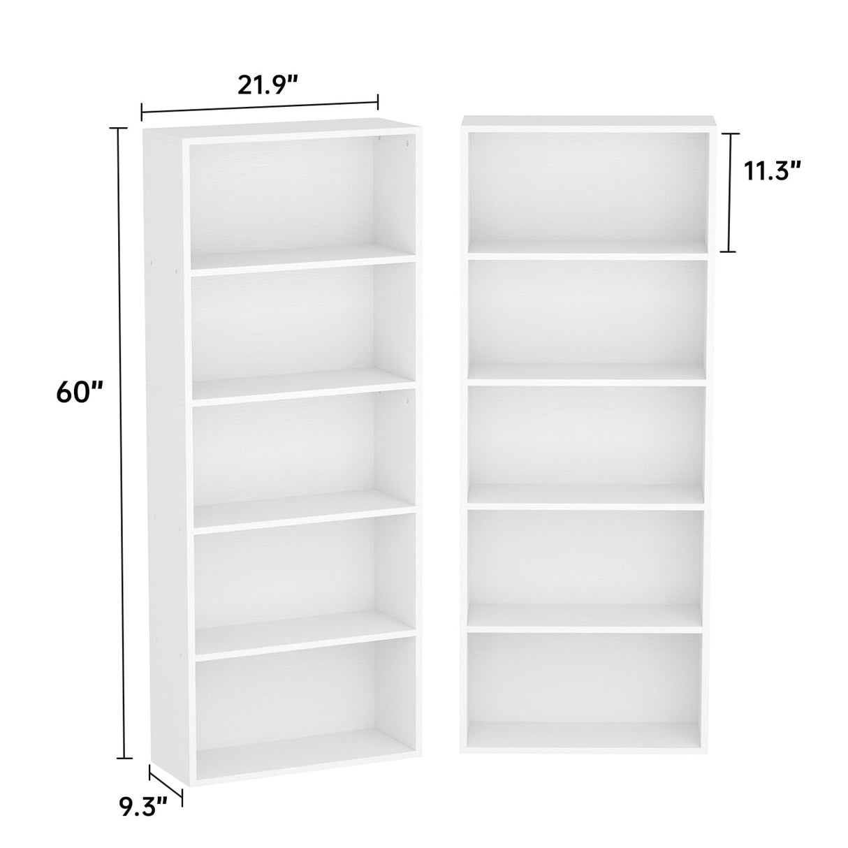 oneinmil Bookshelf 5-Tier Set of 2 Open Bookcase and Bookshelves Wooden Floor Standing Display Wide Storage Shelves Rack 60" Tall for Home Offices, Living Rooms, and Bedrooms, White oneinmil