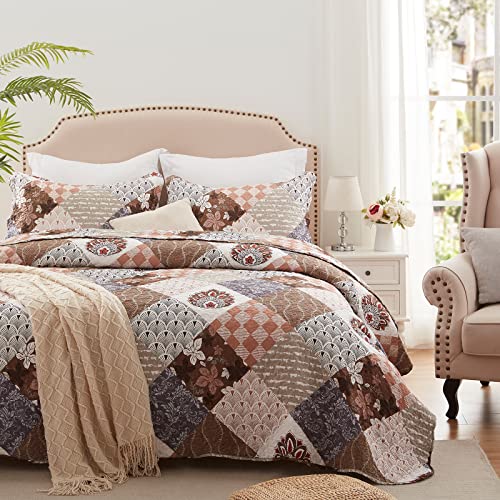 LEAONME 2 Pieces Twin Size Quilt Set Lightweight Brown Floral Bedspread 68x86 Inch Soft Patchwork Coverlet Warm Microfiber Bed Cover for All Seasons (1 Quilt,1 Pillow Sham) LEAONME
