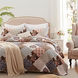 LEAONME 2 Pieces Twin Size Quilt Set Lightweight Brown Floral Bedspread 68x86 Inch Soft Patchwork Coverlet Warm Microfiber Bed Cover for All Seasons (1 Quilt,1 Pillow Sham) LEAONME