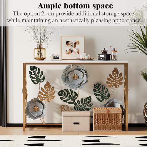FormaCraft Vintage Console Table with Metal Flower Design, 47" Modern Faux Marble Entryway Table, Narrow Gold Sofa Table for Living Room, Hallway, Bedroom FormaCraft