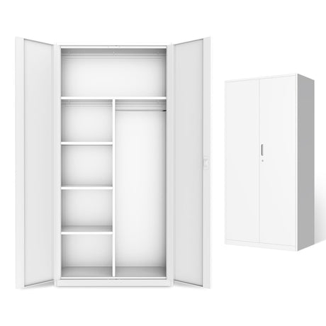 DNA MOTORING Metal Storage Cabinet, 72" Storage Wardrobe with Lock and Hanging Rod, Locking Cabinet Heavy Duty Utility Cabinet with 4 Shelves for Garage,Office,Home,Gym, White, TOOLS-00633-WH-WH DNA MOTORING