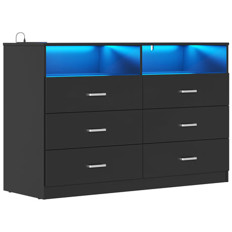 Bigbiglife Dresser for Bedroom, 6 Drawer Dresser with Charging Station and Led Light, Modern Chest of Drawers for Bedroom, Living Room,Black Bigbiglife