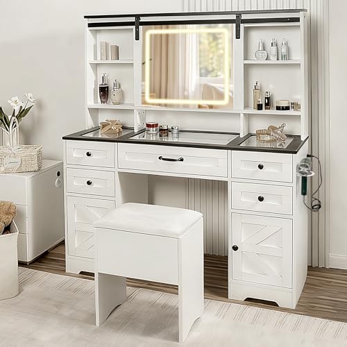 Hoyiestp Vanity with Sliding Barn Mirror, Glass Top Makeup Desk with Outlet & Charging Station, 3-Color Lights, 7 Drawers & Shelves for Bedroom, Modern Adjustable Storage Dresser Table Hoyiestp