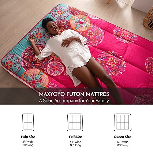 MAXYOYO Bohemian Style Futon Mattress, Padded Japanese Floor Mattress Quilted Bed Mattress Topper, Extra Thick Folding Sleeping Pad Breathable Floor Lounger Guest Bed for Camping Couch, Red, Full MAXYOYO
