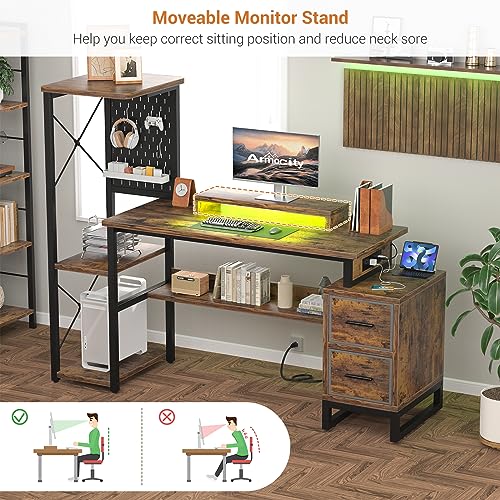 Computer Desk with 2 Fabric Drawers - Reversible Home Office Desk with Power Outlet & LED Lights, 53" Writing Desk with Monitor Stand & Storage Shelves, Gaming Desk with Pegboard, Rustic Brown