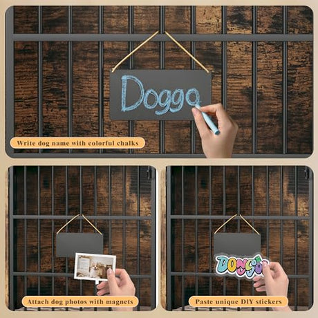 63" Large Double Dog Kennel Furniture for 2 Dogs – Extra Sturdy XXL Metal & Wooden Medium Dog Cage with Removable Divider, Dual Doors & Name Tags – Indoor/Outdoor Crate for Large Breeds HUAHUU