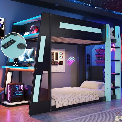 Twin Over Twin Gaming Bunk Bed with Desk and USB and LED Light, Twin Size Wooden Loft Bed Frame with Storage Shelves, Ladder, for Kids Boys Teens Adults, Space Saving (Black+Blue) Harper & Bright Designs