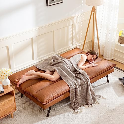 Vyfipt Futon Sofa Bed/Couch,3” Memory Foam Small Splitback Sofa,Faux Leather Modern Loveseat for Living Room,Apartment,Studio,Guest Room,Home Office,71" L (Brown) Vyfipt