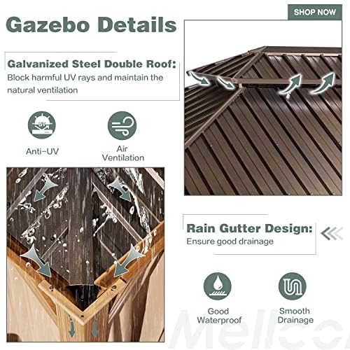 MELLCOM 12' X 16' Hardtop Gazebo, Wooden Finish Coated Aluminum Frame Gazebo with Galvanized Steel Double Roof, Brown Metal Gazebo with Curtains and Nettings for Patios, Gardens, Lawns MELLCOM