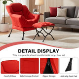 SESHINELL Lazy Chair with Ottoman, Modern Accent Chair Contemporary Sofa Chair with Armrests, Reading Chair and Folding Footstool Set for Living Room, Bedroom, Office, Red SESHINELL