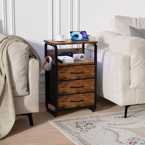 runjuly Bed Side Table with 3 Fabric Drawers, Night Stand with Charging Station, LED Nightstand with Hooks, Bedside Table End Table with Storage, Night Table for Living Room, Bedroom (Rustic Brown) runjuly