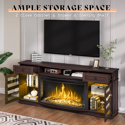 AMERLIFE 70" Curved Fireplace TV Stand with 36'' Electric Fireplace, Farmhouse LED Entertainment Center for TVs up to 80'' with Glass Doors & Adjustable Shelves, Espresso - WoodArtSupply