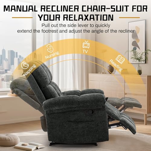 Korser Recliner Chair, Living Room Recliner Chairs for Adults, Small Recliners for Small Spaces, Upholstered Manual Recliner with Side Pockets, Modern Nursery Chair for Living Room, Chenille, Black