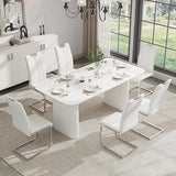RGZ Modern Oval Dining Table Set for 6, 71" Cream White Kitchen Table with Ripple Legs & 6 White Silver Faux Leather Chairs, Easy to Clean Dinner Table Set for Office, Home, Dining Room RGZ