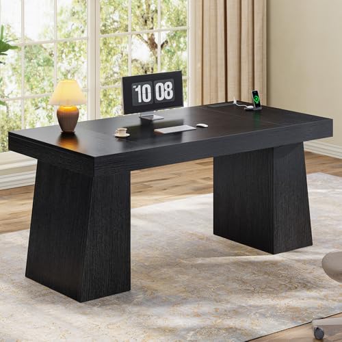 UPOSOJA 55.9 in Executive Desk with Power Outlets, Modern Home Office Desk with Storage Cabinet, Wood Computer Desk Business Workstation Desk Conference Table, Black (Storage Cabinet) UPOSOJA