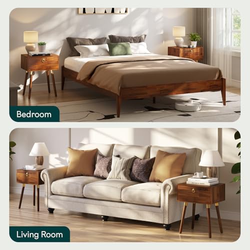 Bme Alden Solid Wood Nightstand/Side Table/End Table, Fully Assembled, with 1-Drawer for Mid Century Bedroom and Living Room, (12mm), Dark Chocolate Bme