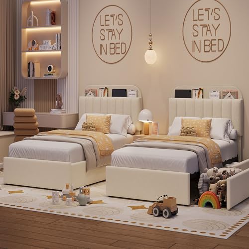 IDEALHOUSE Twin Bed Frame for Kids, Boucle Upholstered Platform Bed for Boys/Girls with 2 Flexible Drawers, Bookcase Headboard, Noise-Free, Easy Assembly, No Box Spring Needed, Beige IDEALHOUSE