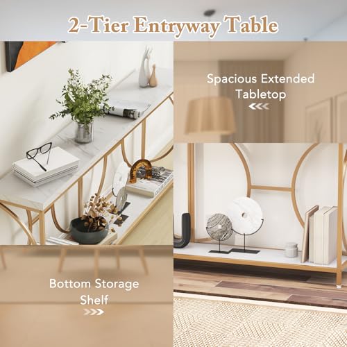 Giantex 71" Console Table, 2-Tier Extra-Long Gold Entryway Table w/Storage Shelf, Faux Marble Top, Narrow Sofa Table with Geometric Frame, Behind Couch Entry Table for Living Room, Hallway, Foyer Giantex
