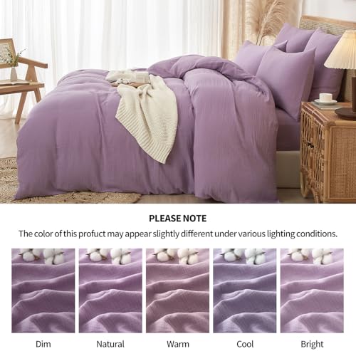 YASMENG 100% Cotton Muslin Duvet Cover Set Twin Size Purple, Ultra Soft Breathable Absorbent Gauze Bedding Duvet Cover, Luxurious Minimalist Natural Wrinkle Linen Textured Comforter Cover 68" x 90" YASMENG