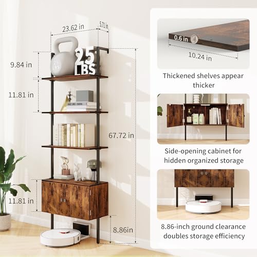 CAMOAT 70" Tall Bookshelf with Cabinet,Wall Mounted Bookcase with Shelves & Storage,Blanket Ladder&Bathroom Wall Shelf,Open Industrial Shelf,4-Tier Display Rack for Living Room,Bedroom,Home Office CAMOAT