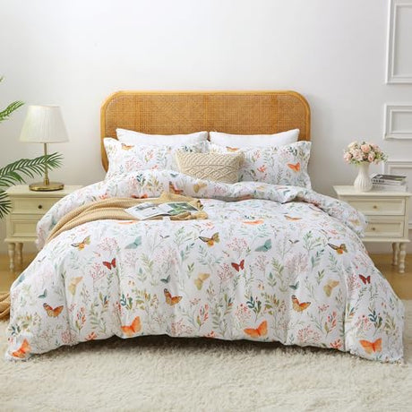 Mooreeke Floral Queen Size Comforter Sets, Butterfly and Botanical Patterned Bedding for All Seasons, 3-Piece Vintage Bed in a Bag with Fluffy Quilted Reversible Comforter & 2 Pillow Shams Mooreeke