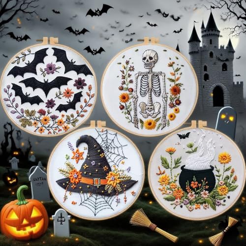 Fusionara Halloween Embroidery Kit, Halloween Cross Stitch Kit, 4 Set Gothic Embroidery Cross Stitch Kits for Beginners, Unisex, 6 Inch, Cross Stitch, Needlepoint, DIY, Craft Kit with Needles (4 Set)