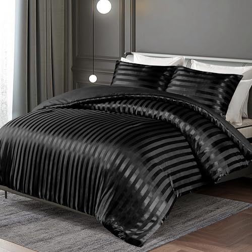Whale Flotilla 3-Piece Reversible Silky Soft King Size Comforter Set, Luxury Stripe Satin Oversized Comforter Bedding Set with 2 Satin Pillowcases, Lightweight Duvet for All Seasons, Black Whale Flotilla