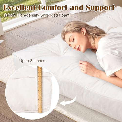 8" Futon Mattress Full Size, Floor Mattress for Adults, Foldable Sofa Couch Bed with Shredded Foam Filling, Comfy Sleeping Mat for Guest, Camping, Dorm, White(Frame Not Included), 54" x 80" Bliss Homey