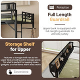 MoproBeti Bunk Bed with Desk,Upper Shelf & Storage Bookshelves,Metal L-Shaped Full Over Twin Bunk Beds with LED & Charge Station,Full Loft Bed w/Ladder,Safety Guardrail for Boys Girls,Black MoproBeti
