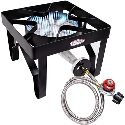 GasOne 200K BTU Propane Burner – Heavy-Duty Propane Stove – Outdoor Burner with Adjustable 0-20Psi Regulator and Steel Braided Hose – Ideal for Home Brewing, Turkey Fry Gas One