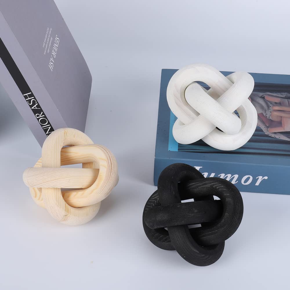 Prettyui Wood Knot Decor, Small 3-Link Wood Chain Link Coffee Table Decor, Hand Carved Modern Boho Decorative Wood Knot for Farmhouse Living Room Shelf (White) Prettyui