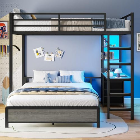 ADORNEVE Bunk Bed with Desk, Full Over Full Bunk Beds with Charging Station & Led Lights, 4 Storage Drawers & 2 Open Storage Shelves, Metal Loft Bed with Safety Guardrail & Ladder for Kids/Teen, Grey ADORNEVE