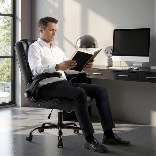 OFIKA Leather Office Desk Chair,Ergonomic Office Chair with Lumbar Support,Computer Chair,Executive Leather Chair with Padded Flip-up Arm,Adjustable Armrests, Black,275LBS OFIKA