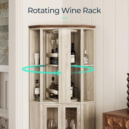 LINSY HOME Corner Bar Cabinet, 68.5" Tall Farmhouse Wine Cabinet with Rotating Liquor Shelves, Home Bar Cabinet with Barn Door & Adjustable Shelves for Dining Room, Living Room, Kitchen, Washed Gray