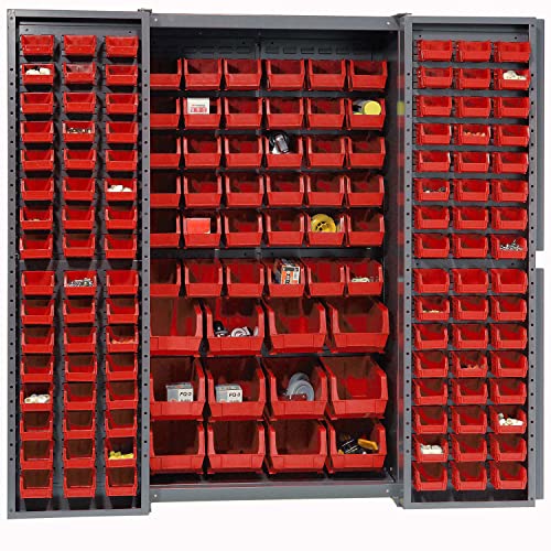 Global Industrial Bin Cabinet with 144 Red Bins, 38x24x72, Assembled Global Industrial