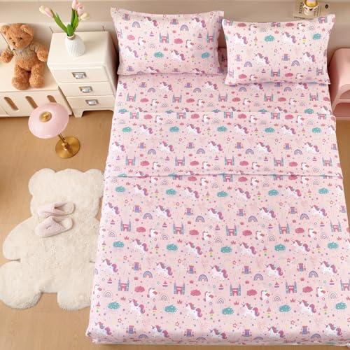 MICORAL Queen Sheets Set Kids, Unicorn Sheets for Boys Girls & Teens, 4 Piece Soft Printed Microfiber Bed Sheets, Deep Pocket Cozy Cute Toddler Bedding Set MICORAL