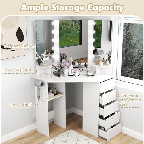 COSTWAY Corner Vanity Desk with Mirror and Lights, Modern Dressing Table with Charging Station, 5 Storage Drawers for Small Space, Bedroom Makeup Vanity Desk for Women, Teen, Girls (White) COSTWAY