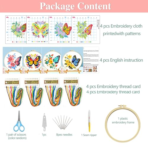 Zhenqing 4-Pack Butterfly Cross Stitch Kits – 11CT 24x24cm Aida Cloth with Blue, Pink & Floral Designs – Vibrant Home Wall Art Decor Set（68121）