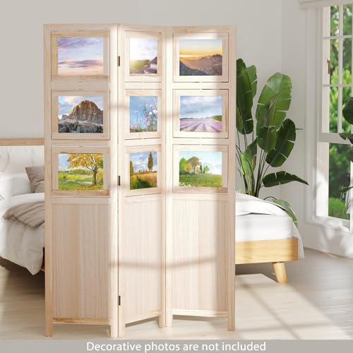Giantex 3 Panel Room Divider with 9 Rotating Picture Frames, 67'' Folding Privacy Screen for Photo Display, Freestanding Wood Wall Partition for Room Separation, Bedroom, Office, Natural Giantex