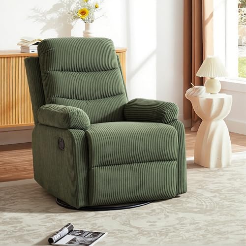 GAOHAPY Rocking Recliner Chair,Modern Swivel Glider Recliner Chair,Corduroy Fabric Upholstery Recliner,Manual Reclining Sofa Chair for Living Room,Office,Apartment (Green)