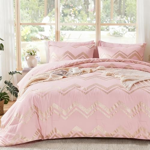 Wowelife Queen Comforter Set for Girls, Gold Glitter Foil Queen Bedding Comforter Set for Kids, 7 Pieces Bed Set for All Seasons, Teen Girl Bedroom Sets with 2 Pillow Shams and 2 Pillowcases Wowelife