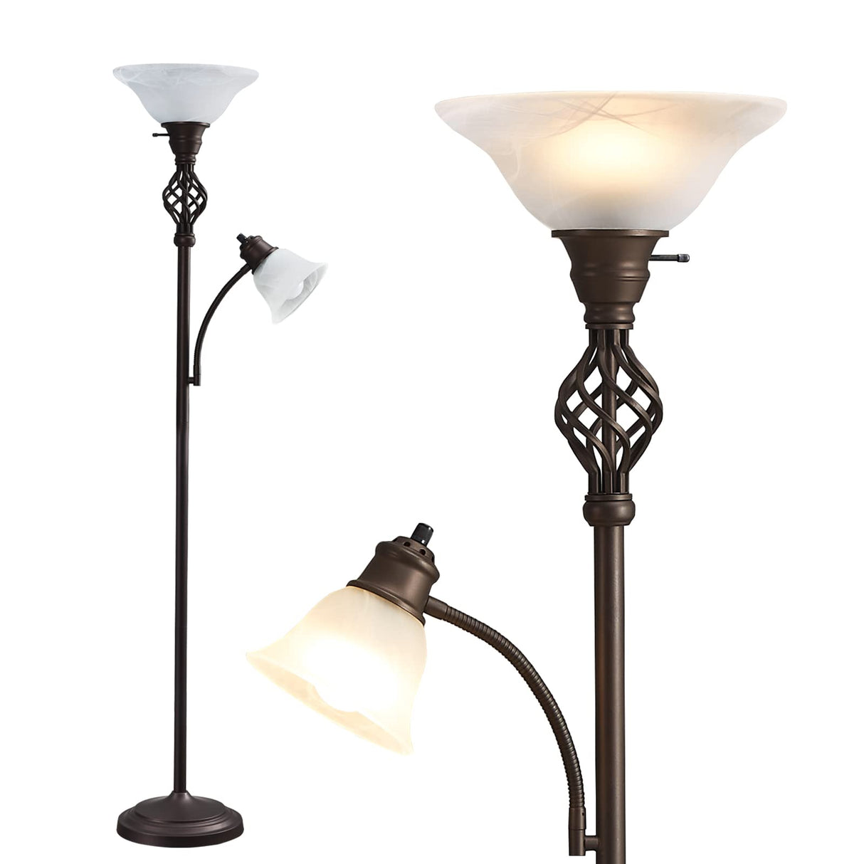 Torchiere Floor Lamp for Living Room, LED Standing Reading Light for Bedroom with Glass Shade for Living Room Corner Bedroom Home Office,Bulbs Included (Red Brown,Glass 2 Head) GyroVu